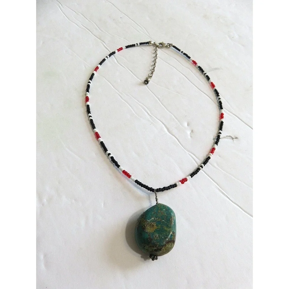 Vintage Southwestern Chunky Turquoise Pendant Coral Onyx Seed Bead‎ 18